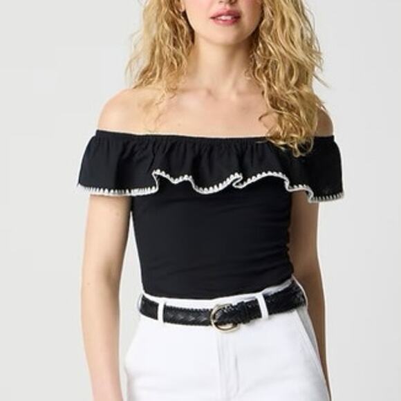 J.Crew Factory Contrast Blanket Stitch Off The Shoulder Top Cotton Size M NWT - Picture 1 of 8